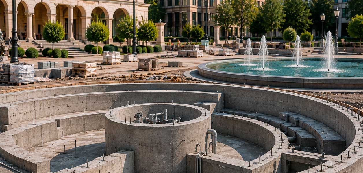 Применение бетона для фонтанных чаш, подиумов и технических камер